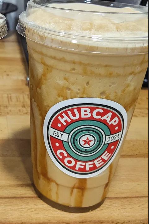 A caramel frappe in a Hubcap cup